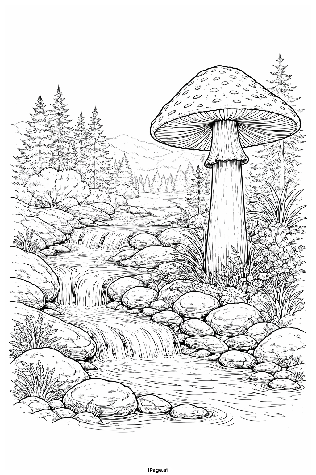  Giant Mushroom Waterfall Coloring Page 