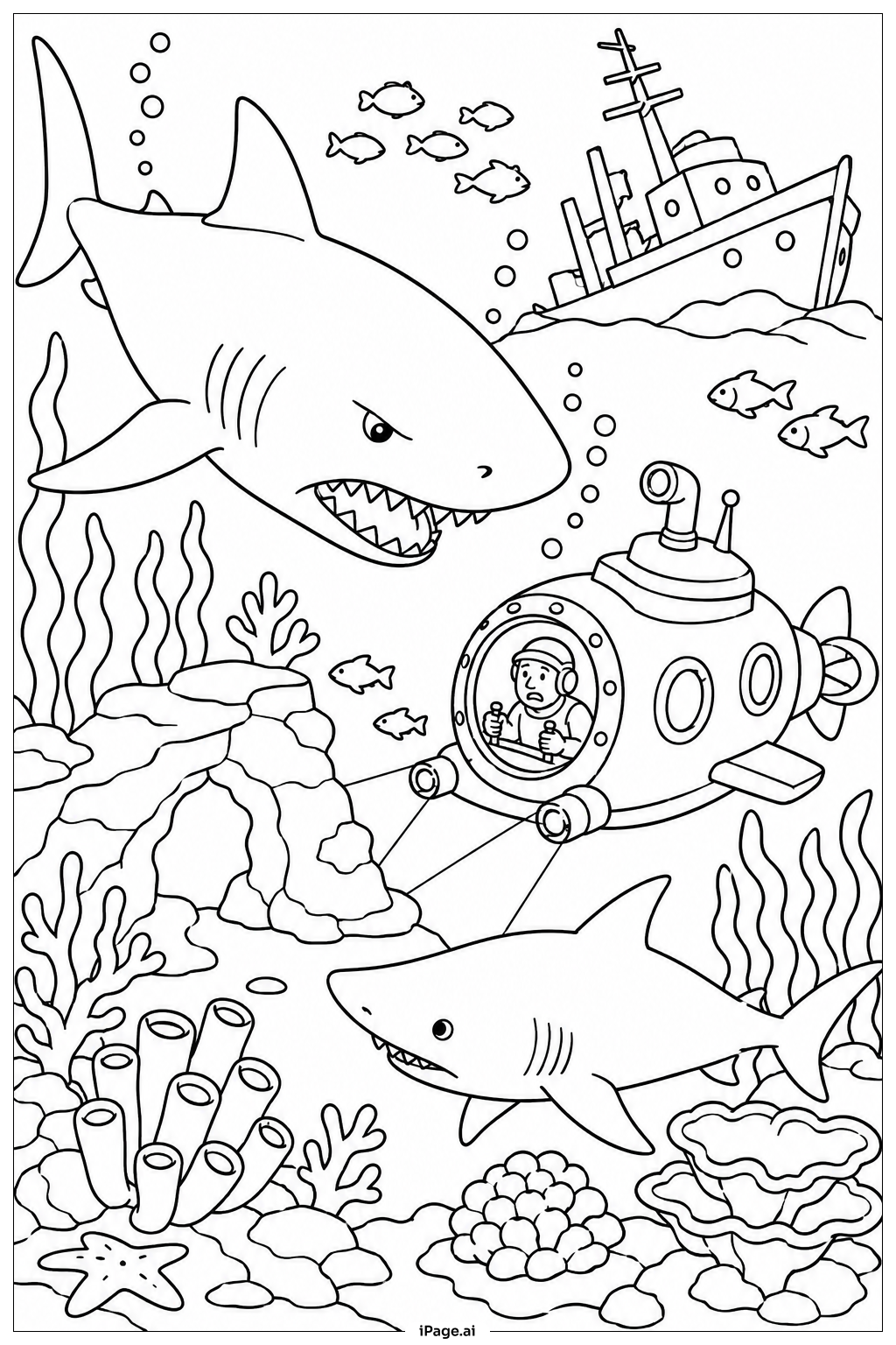 巨型鯊魚與潛艇著色頁