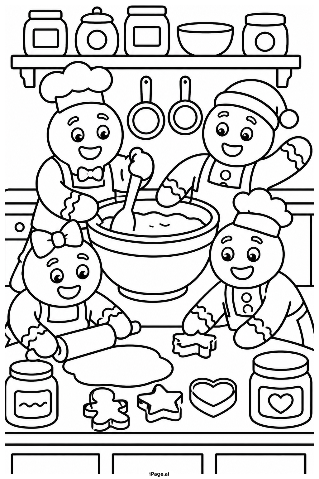 Page de coloriage Famille de Gingerbread qui cuisine ensemble