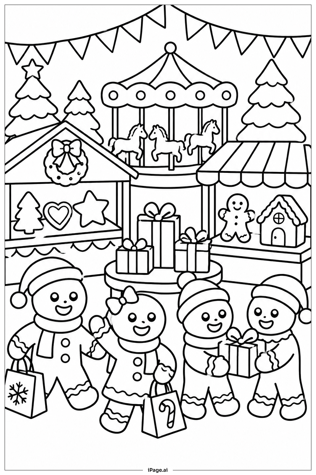  Página para colorear de Mercado Navideño de Gingerbread 