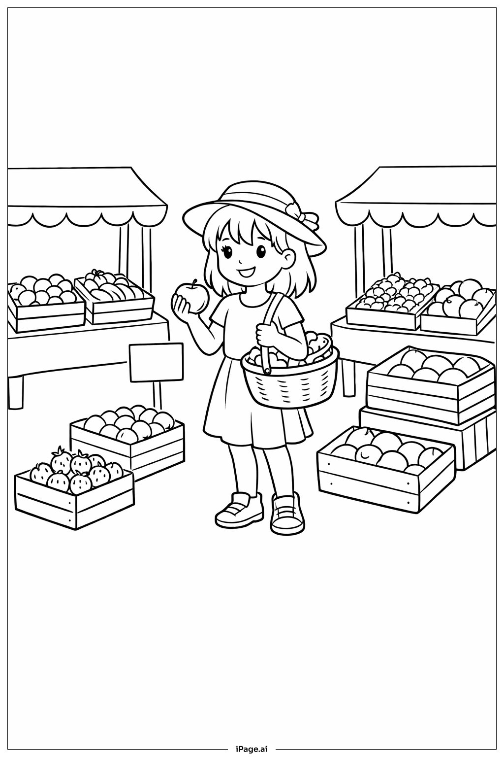 農産物市場の女の子の塗り絵ページ