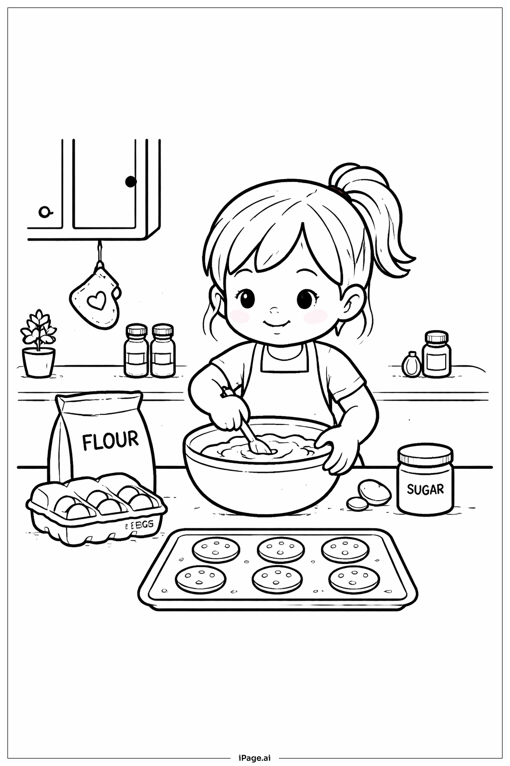 クッキーを焼く女の子の塗り絵ページ