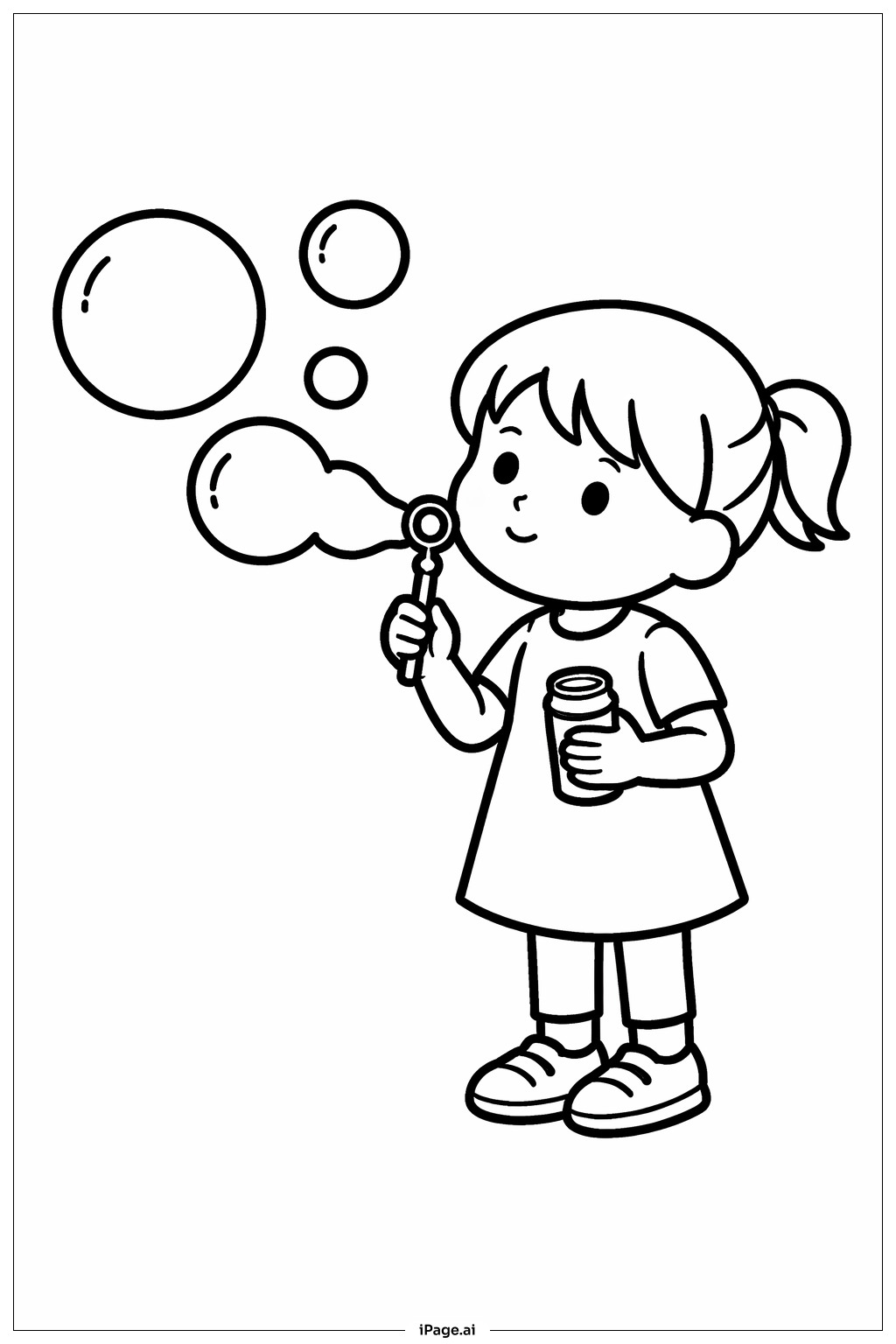 シャボン玉を吹く女の子の塗り絵ページ