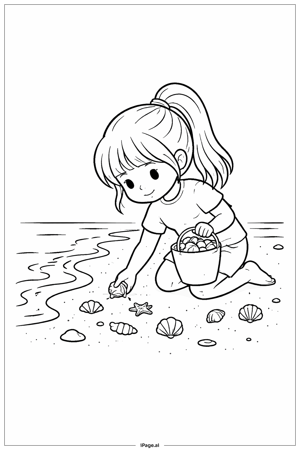 貝殻を集める女の子の塗り絵ページ