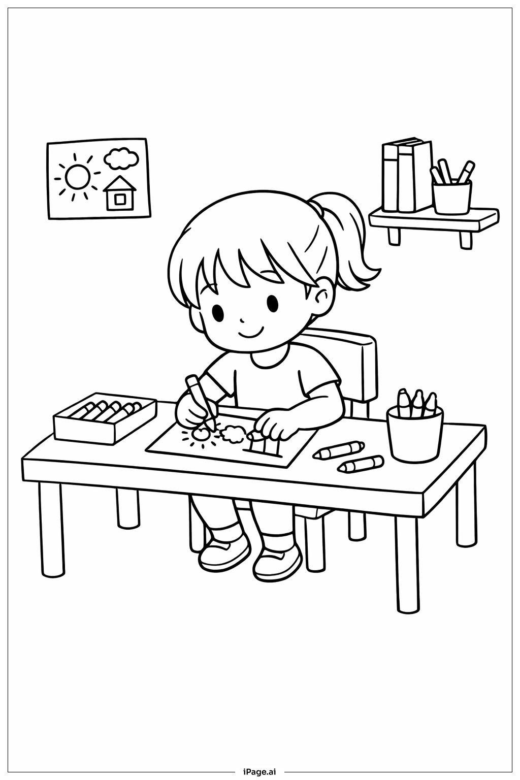 クレヨンで絵を描く女の子の塗り絵ページ