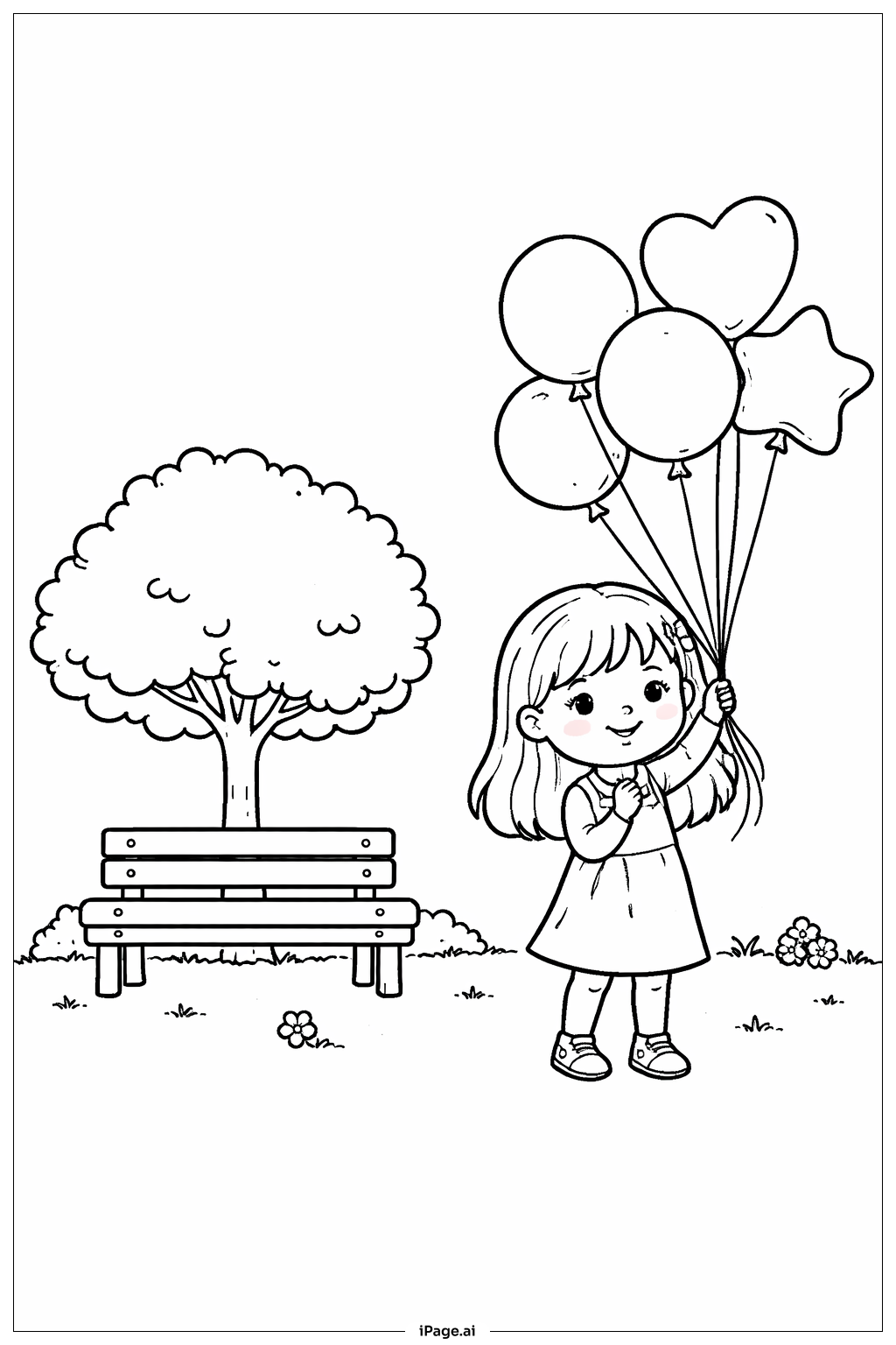 風船の花束を持つ女の子の塗り絵ページ