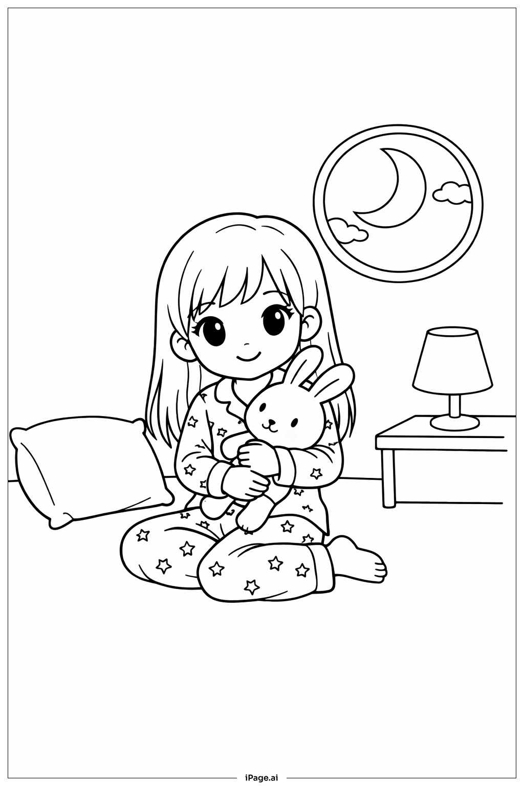 パジャマ姿の女の子とぬいぐるみの塗り絵ページ