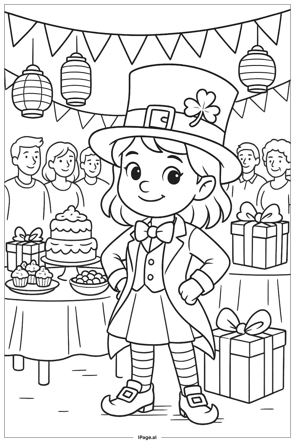  소녀 레프리콘 축하 장면 색칠공부 페이지 