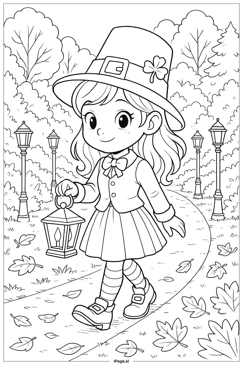  소녀 레프리콘 저녁 랜턴 산책 색칠공부 페이지 