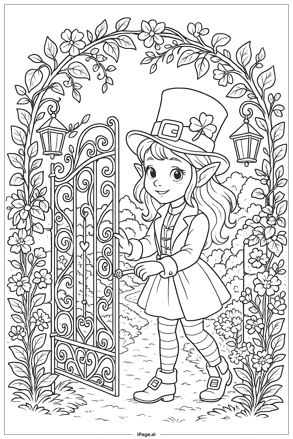 Girl Leprechaun Magical Garden Gate Coloring Page 