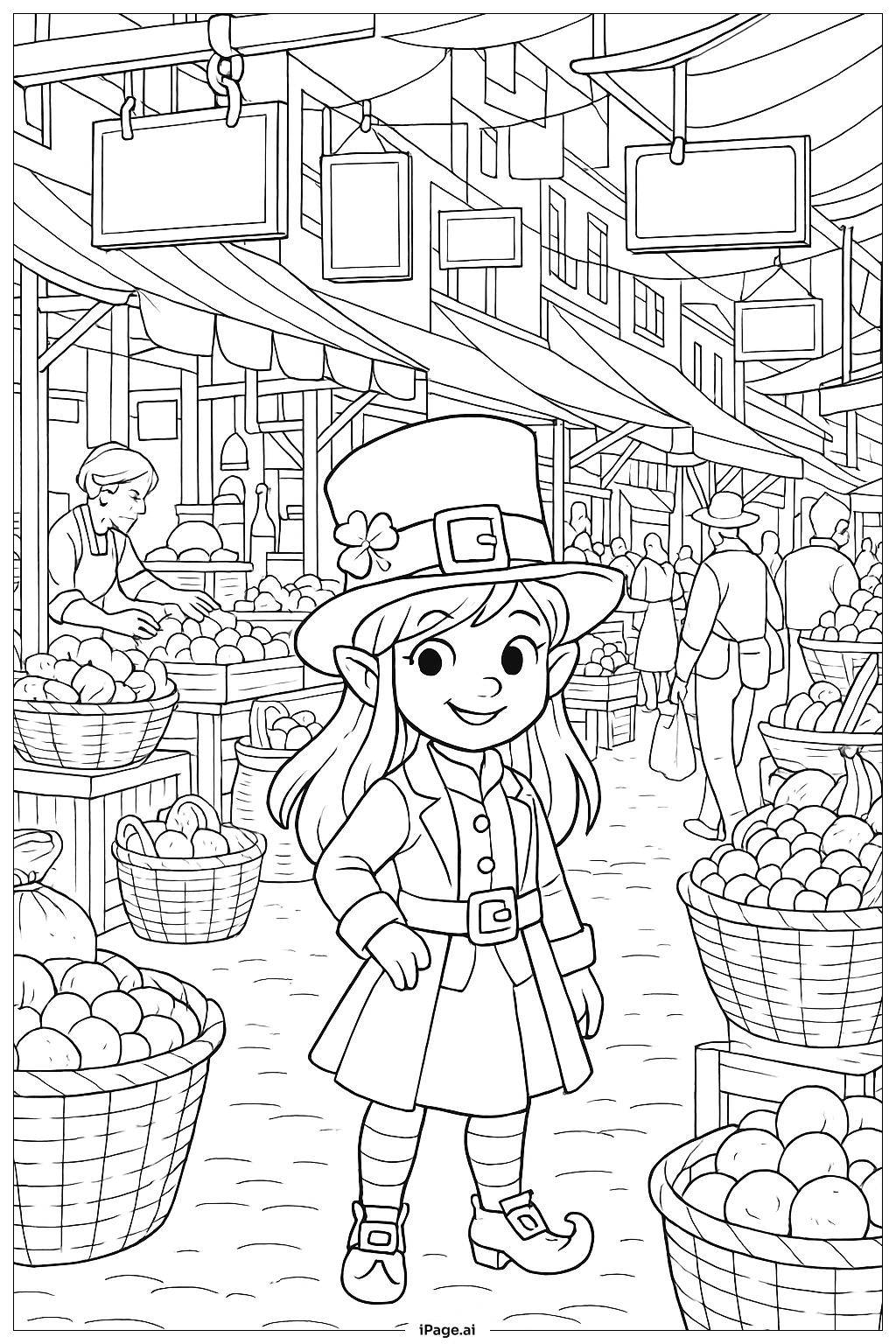  분주한 시장 거리의 소녀 레프리콘 색칠공부 페이지 