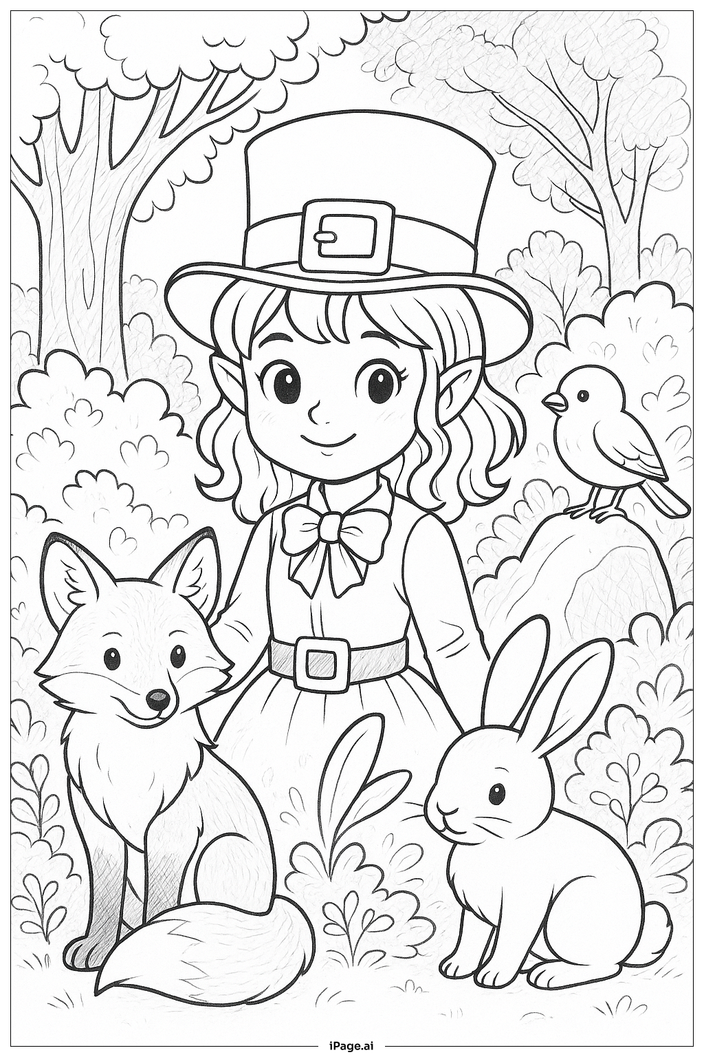  동물 친구들과 소녀 요정 색칠공부 페이지 