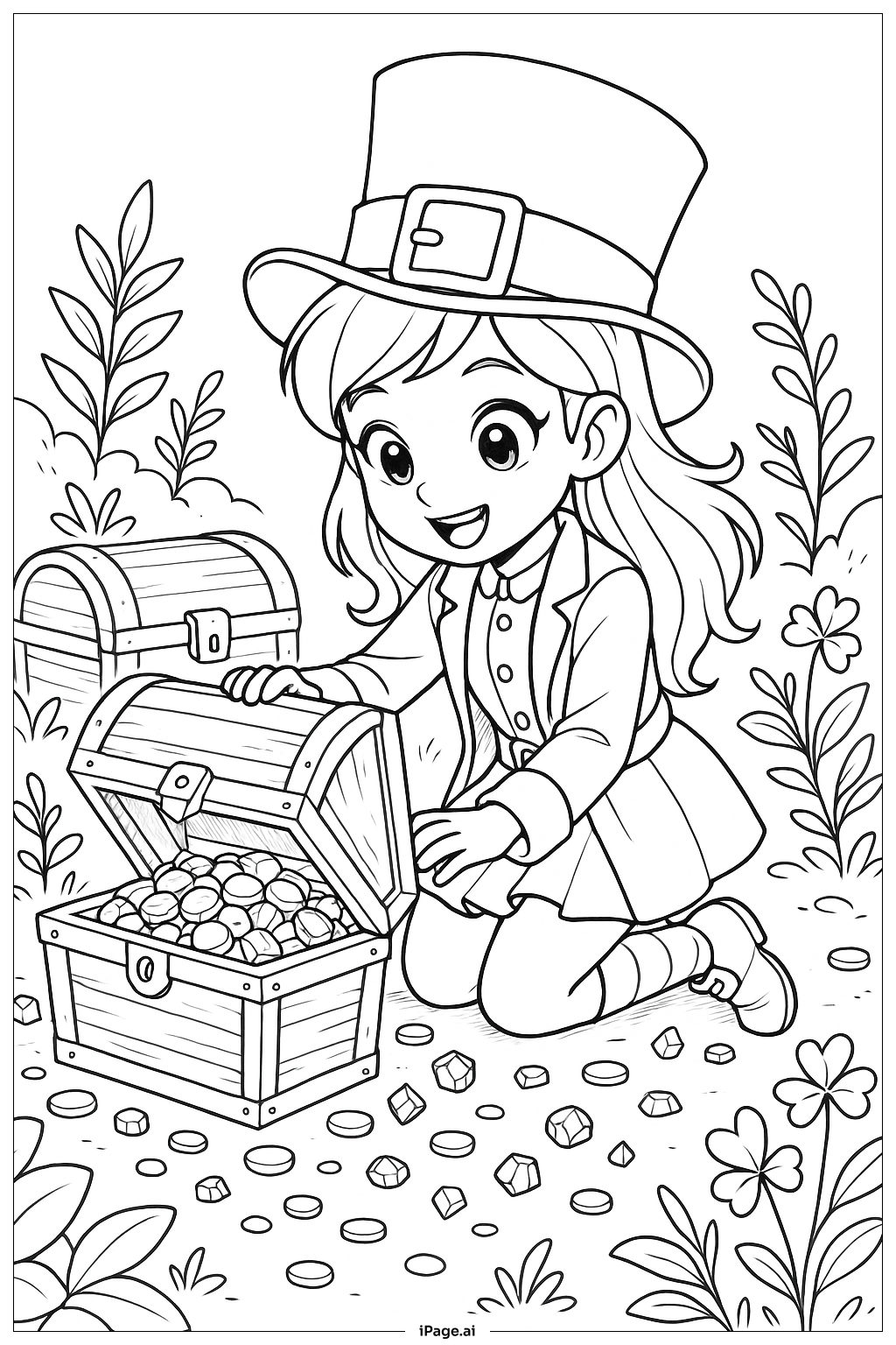  Girl Leprechaun With Treasure Chest Coloring Page 