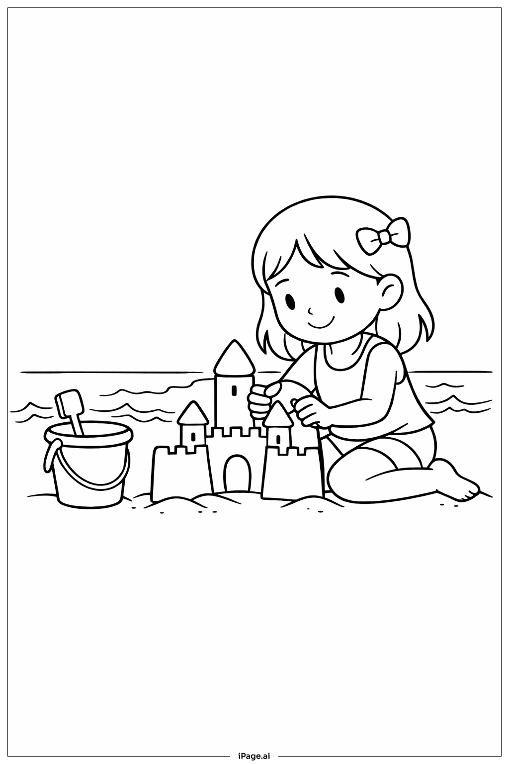 砂のお城を作る女の子の塗り絵ページ