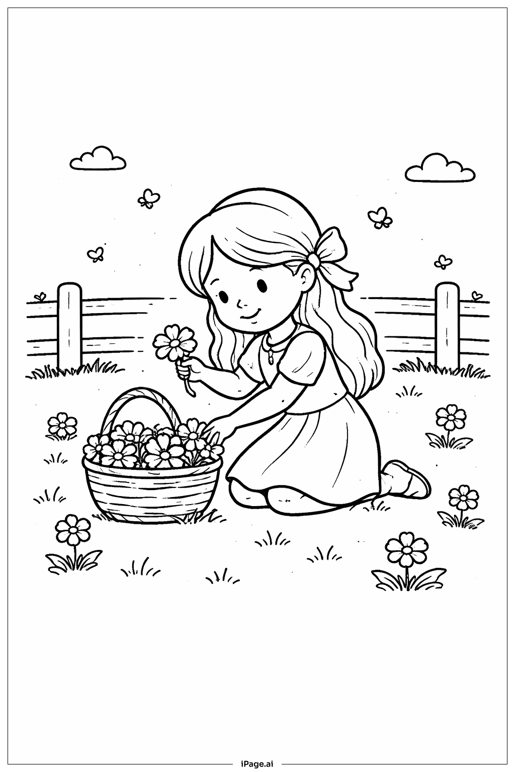 かごに花を摘む女の子