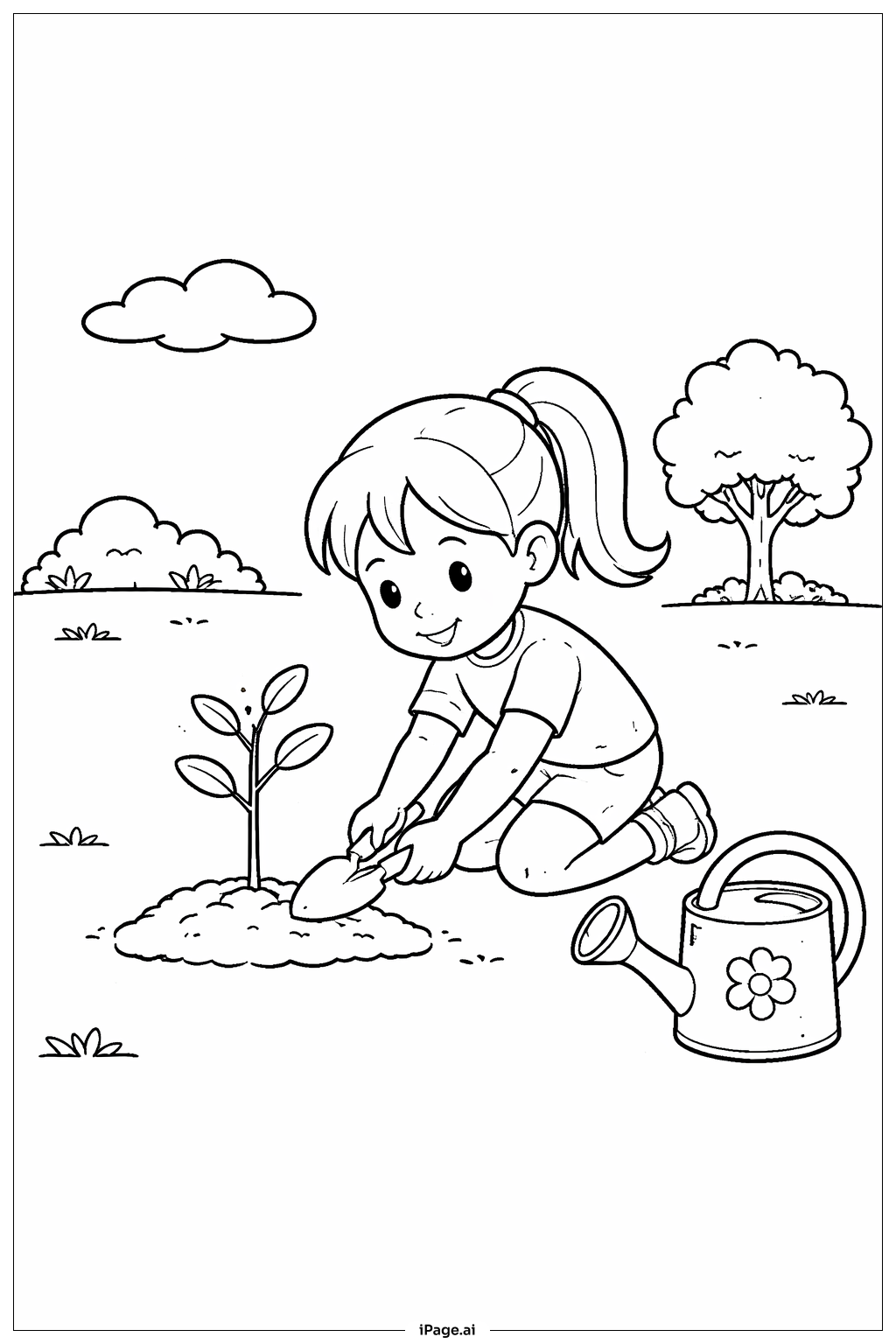 木を植える女の子の塗り絵ページ