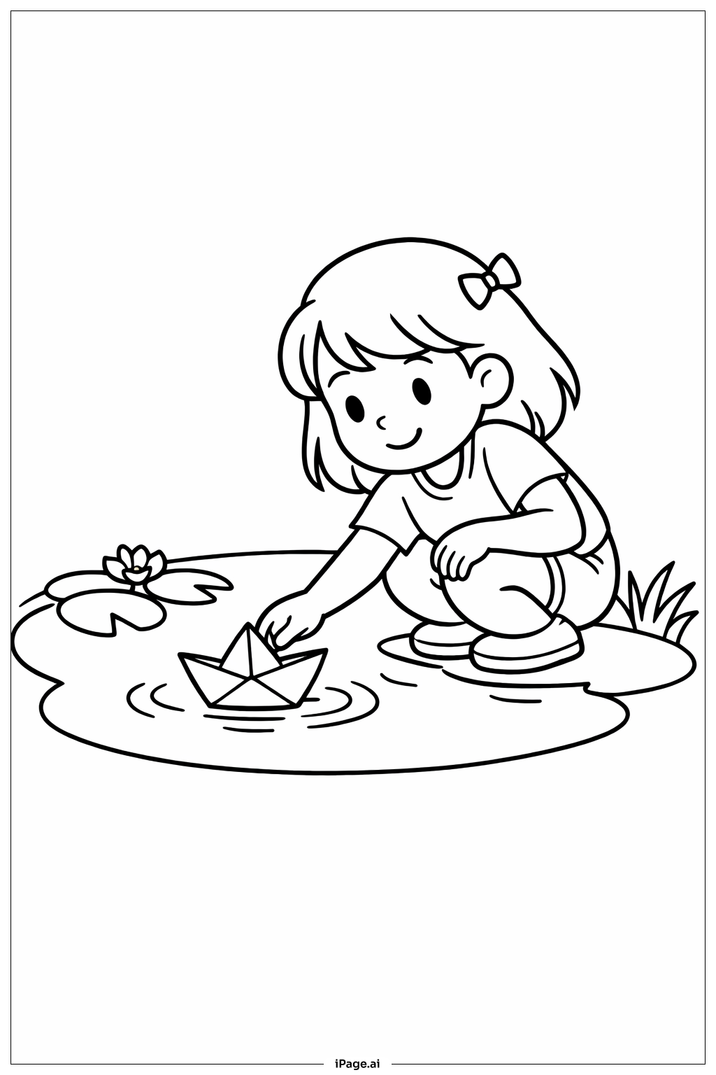 船で遊ぶ女の子の塗り絵ページ