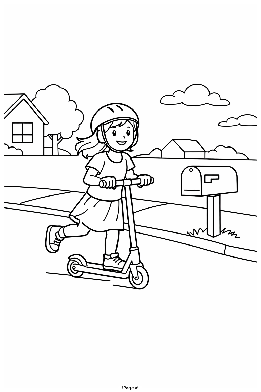 スクーターに乗る女の子の塗り絵ページ