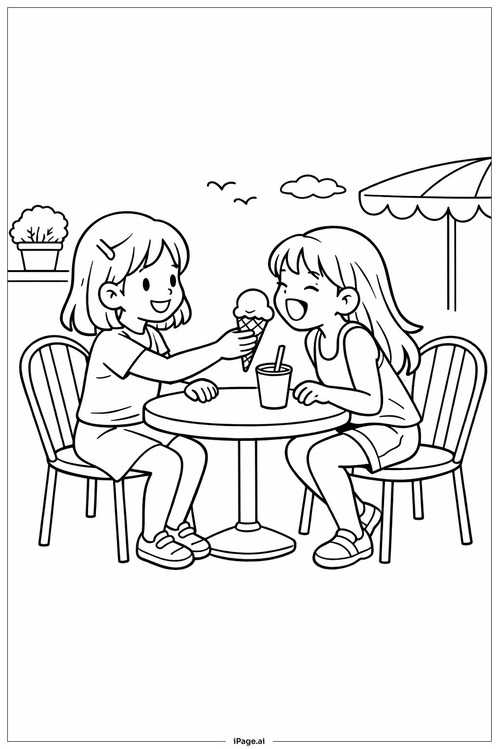 アイスクリームを分け合う女の子の塗り絵ページ