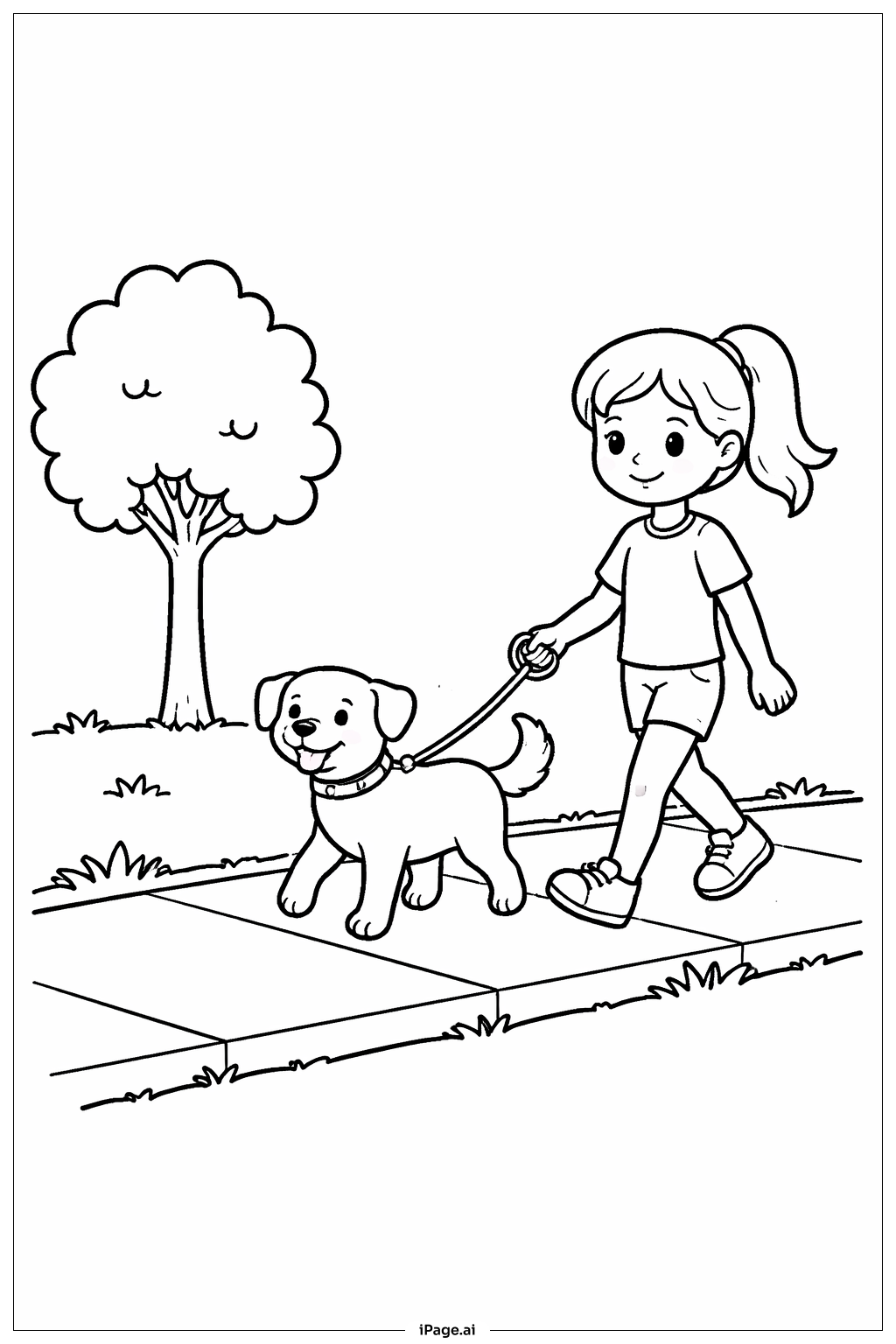 犬を散歩させる女の子の塗り絵ページ