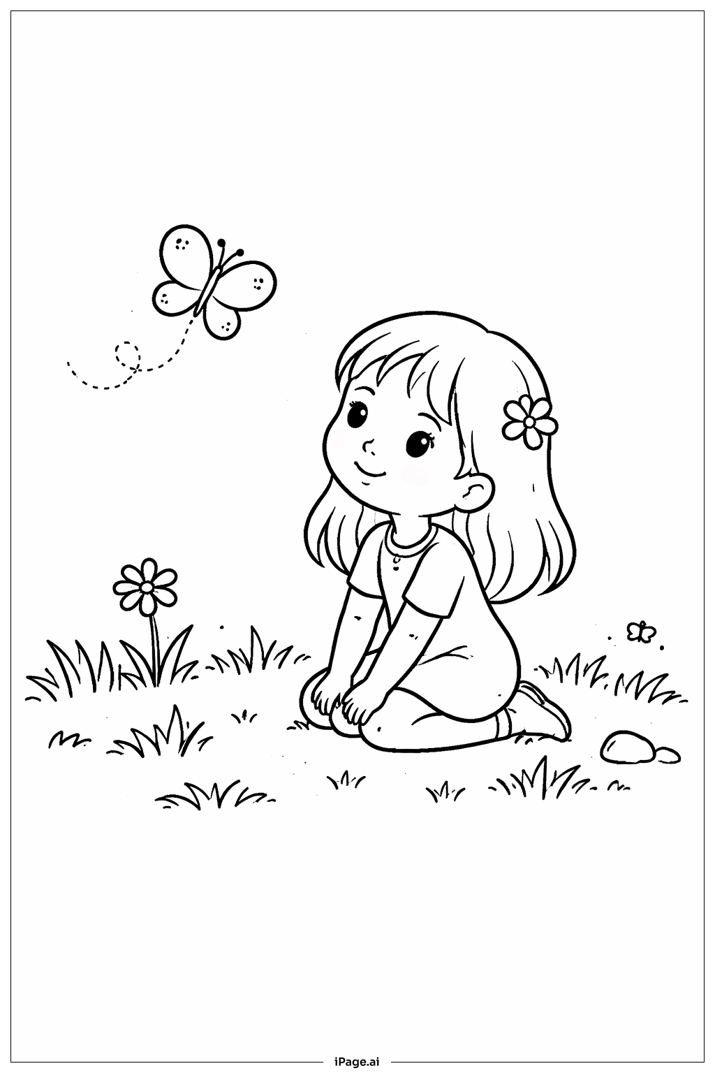 蝶を見ている女の子の塗り絵ページ