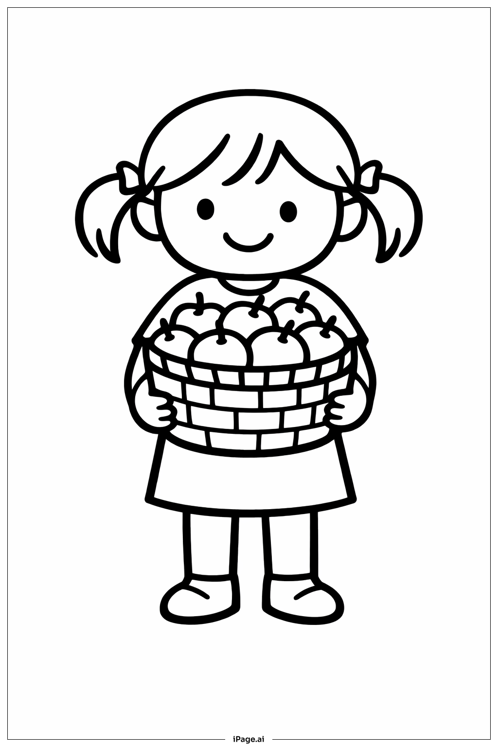 リンゴかごを持つ少女の塗り絵ページ