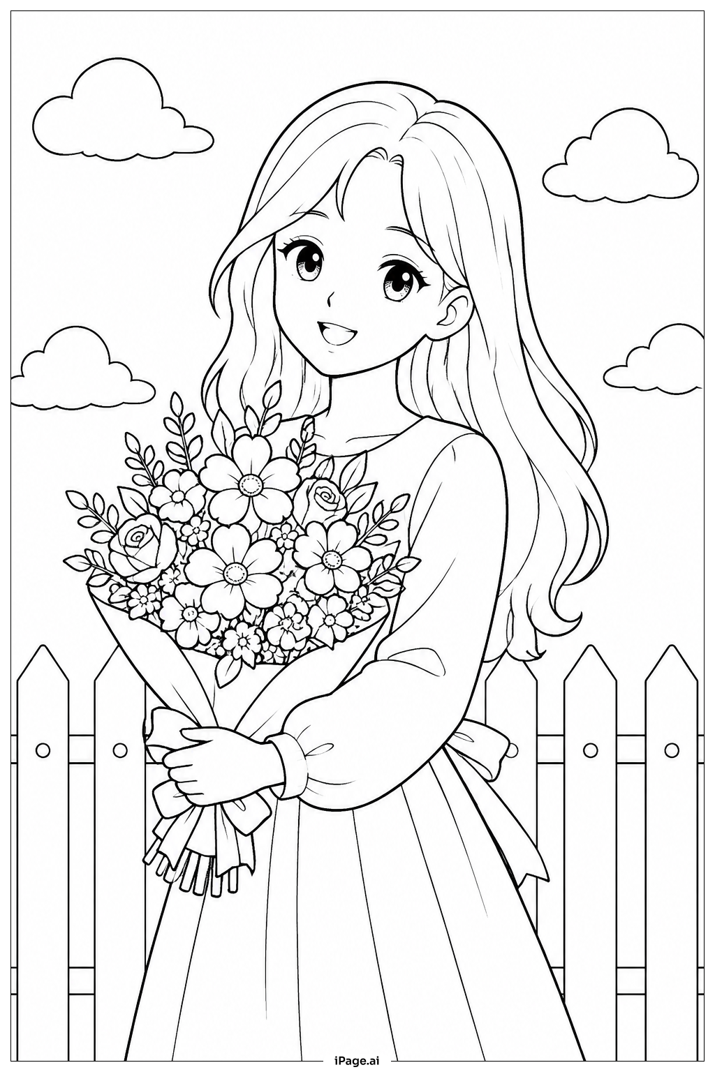 Girl With Flower Bouquet Coloring Page