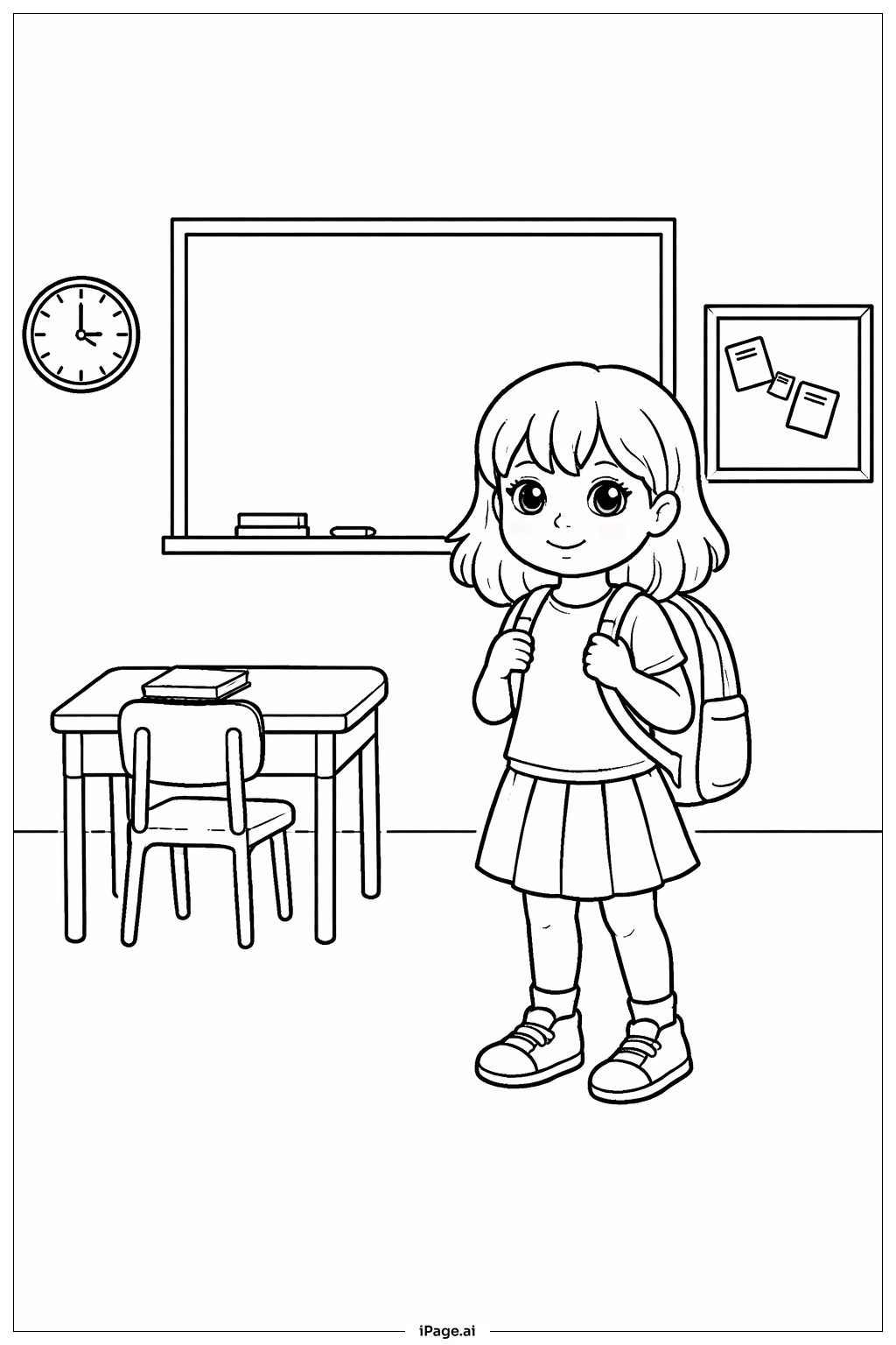 学校のリュックを背負った女の子の塗り絵ページ