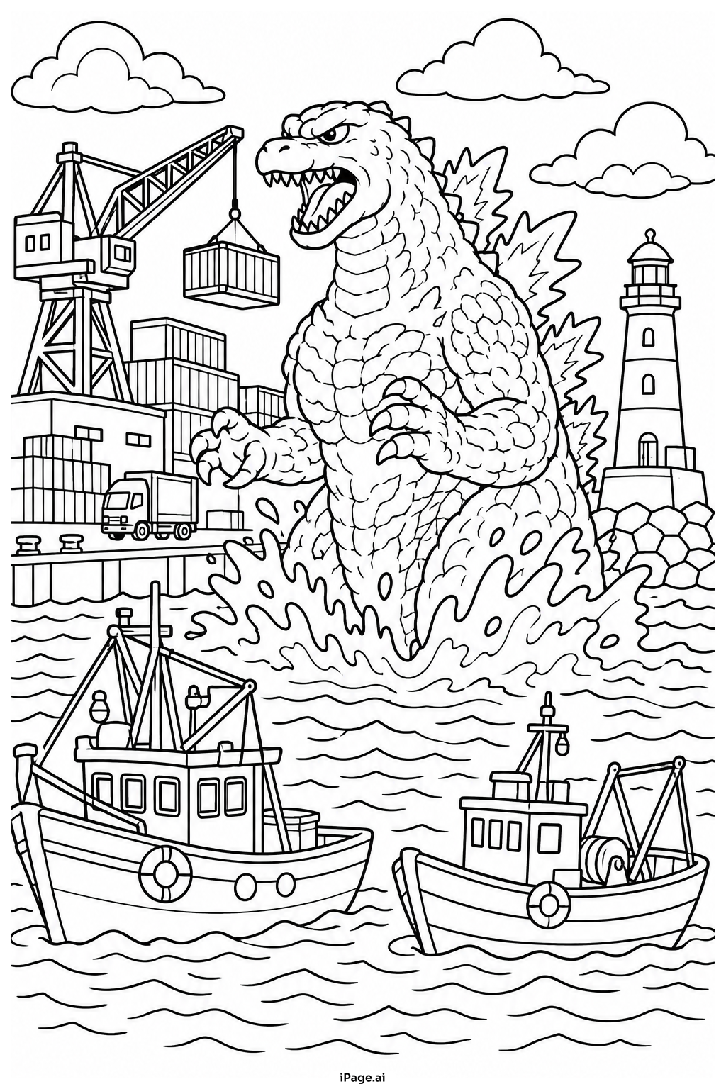  Page de coloriage Godzilla Et Port Détruit 