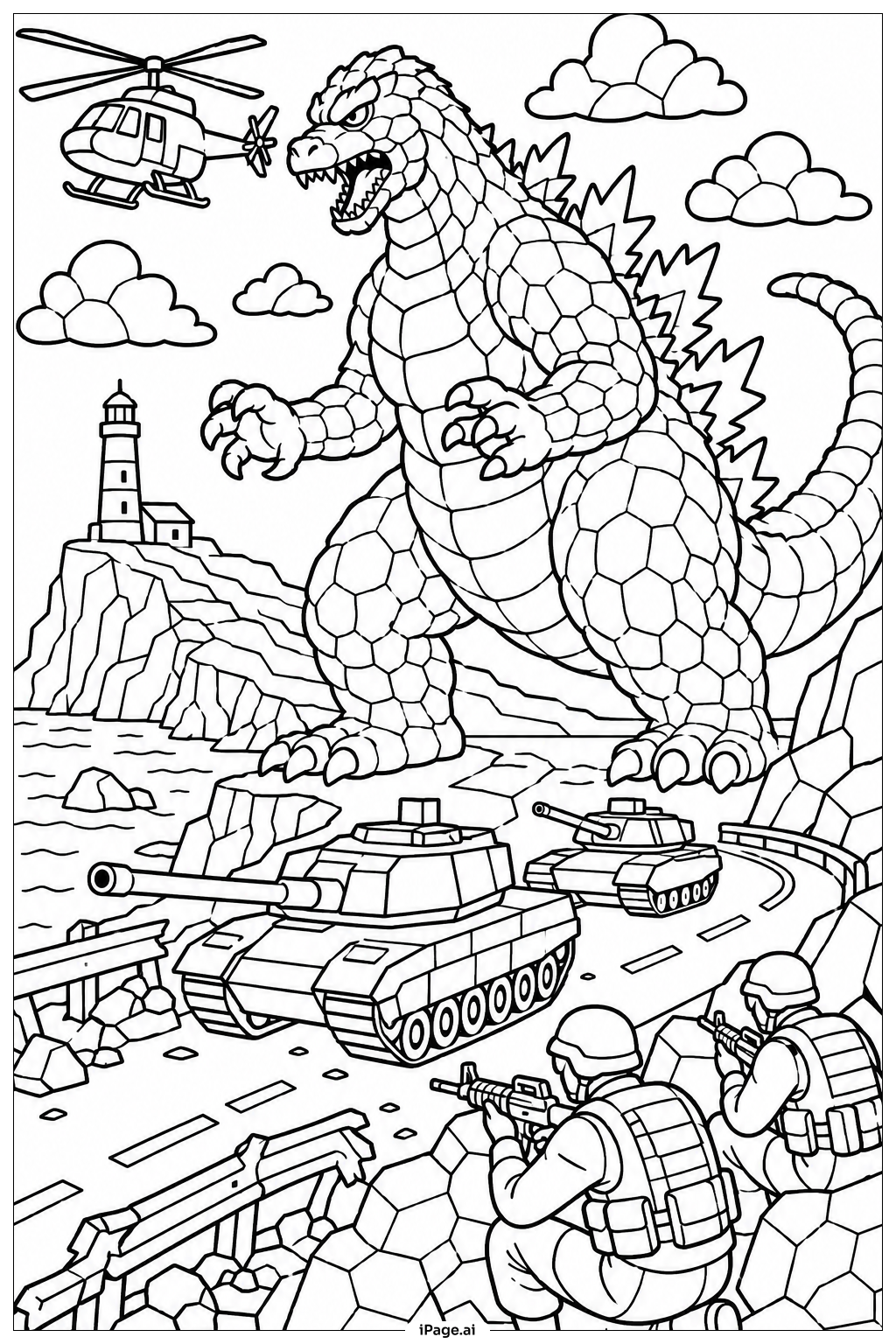  Godzilla And Military Convoy Ausmalseite 