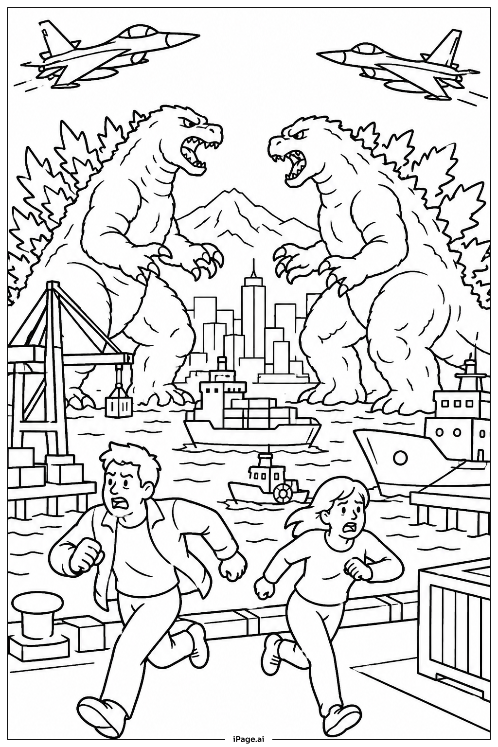  Godzilla And Twin Jetfighters Ausmalseite 