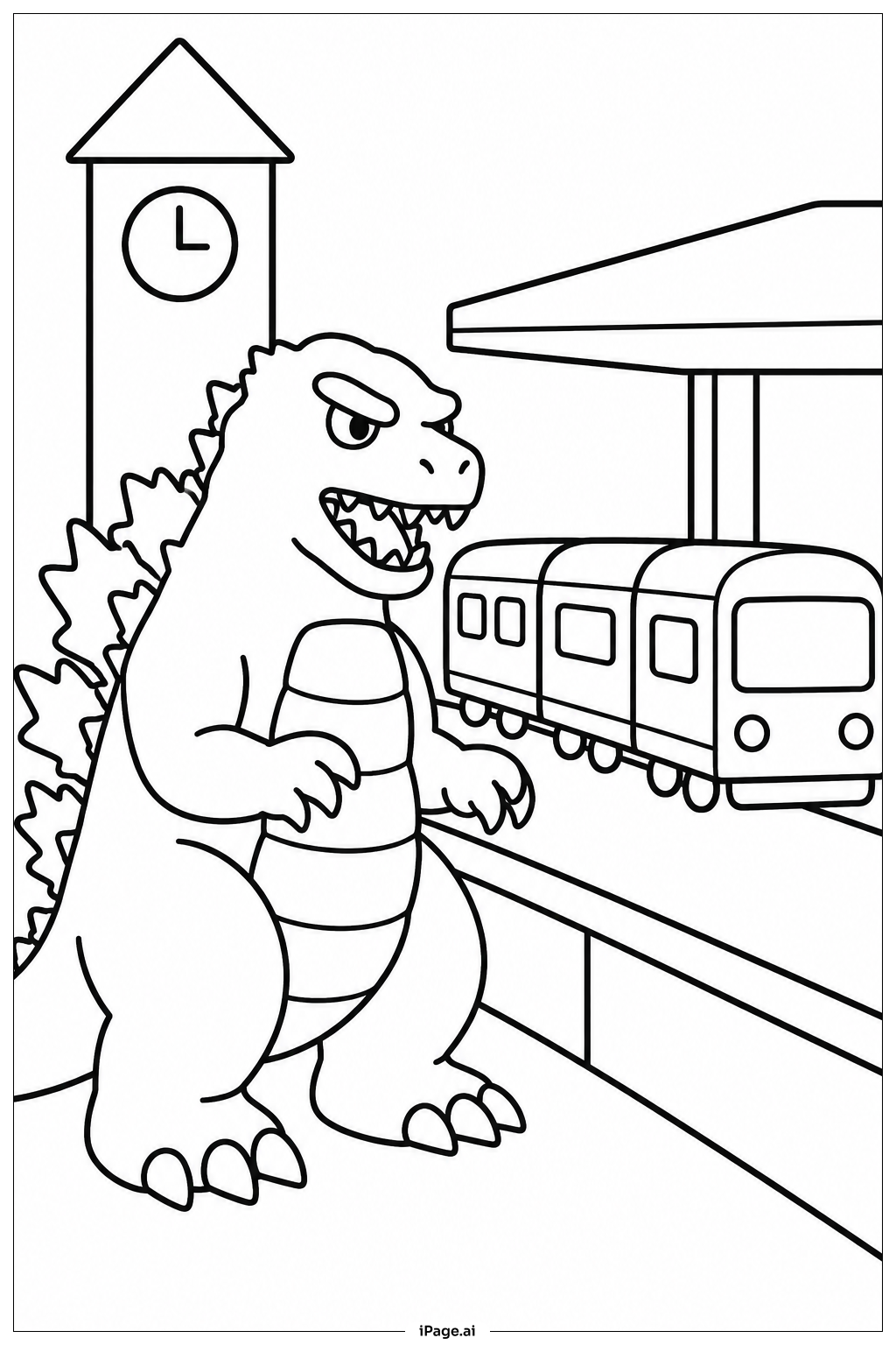  電車駅のゴジラの塗り絵ページ 