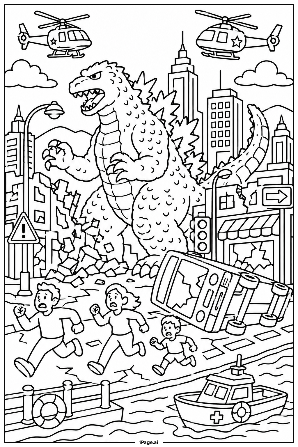  Trang tô màu Cuộc tàn phá thành phố của Godzilla với trực thăng 