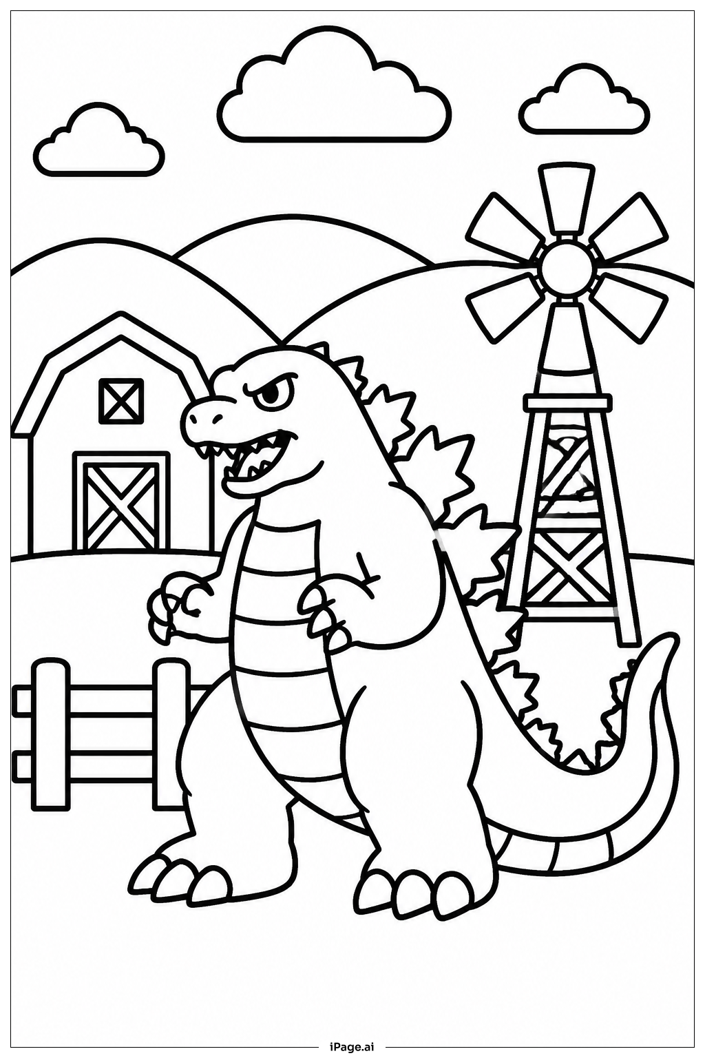  Página para colorear de Godzilla Cerca del Molino de Viento 