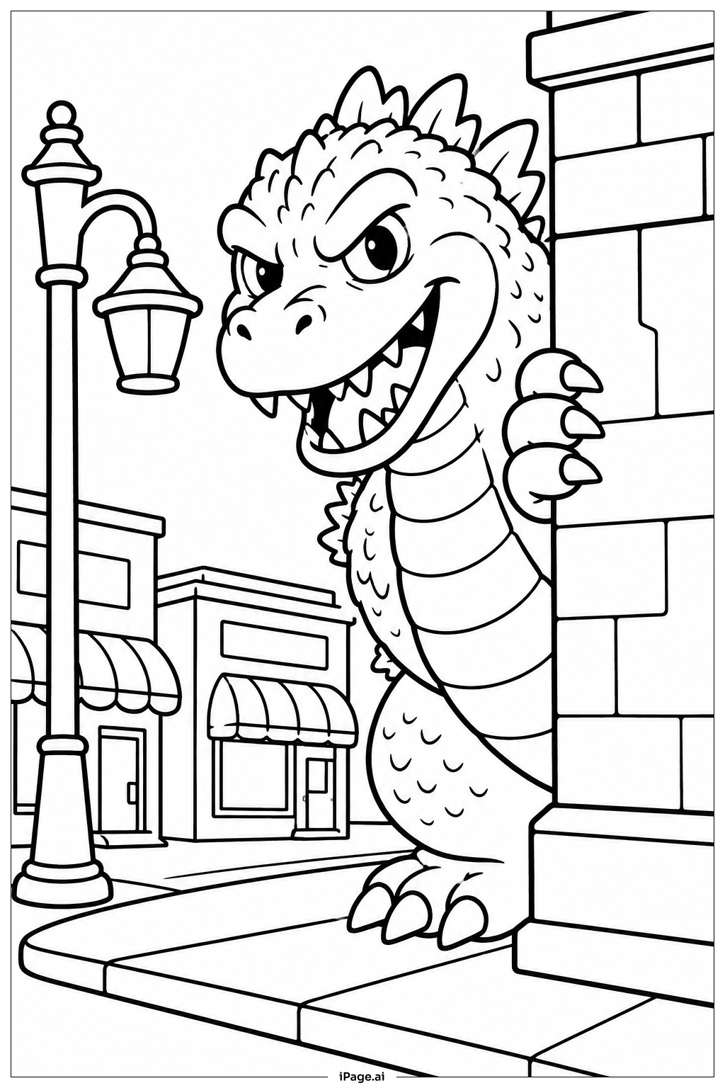  Página para colorear de Godzilla asomándose por la esquina 