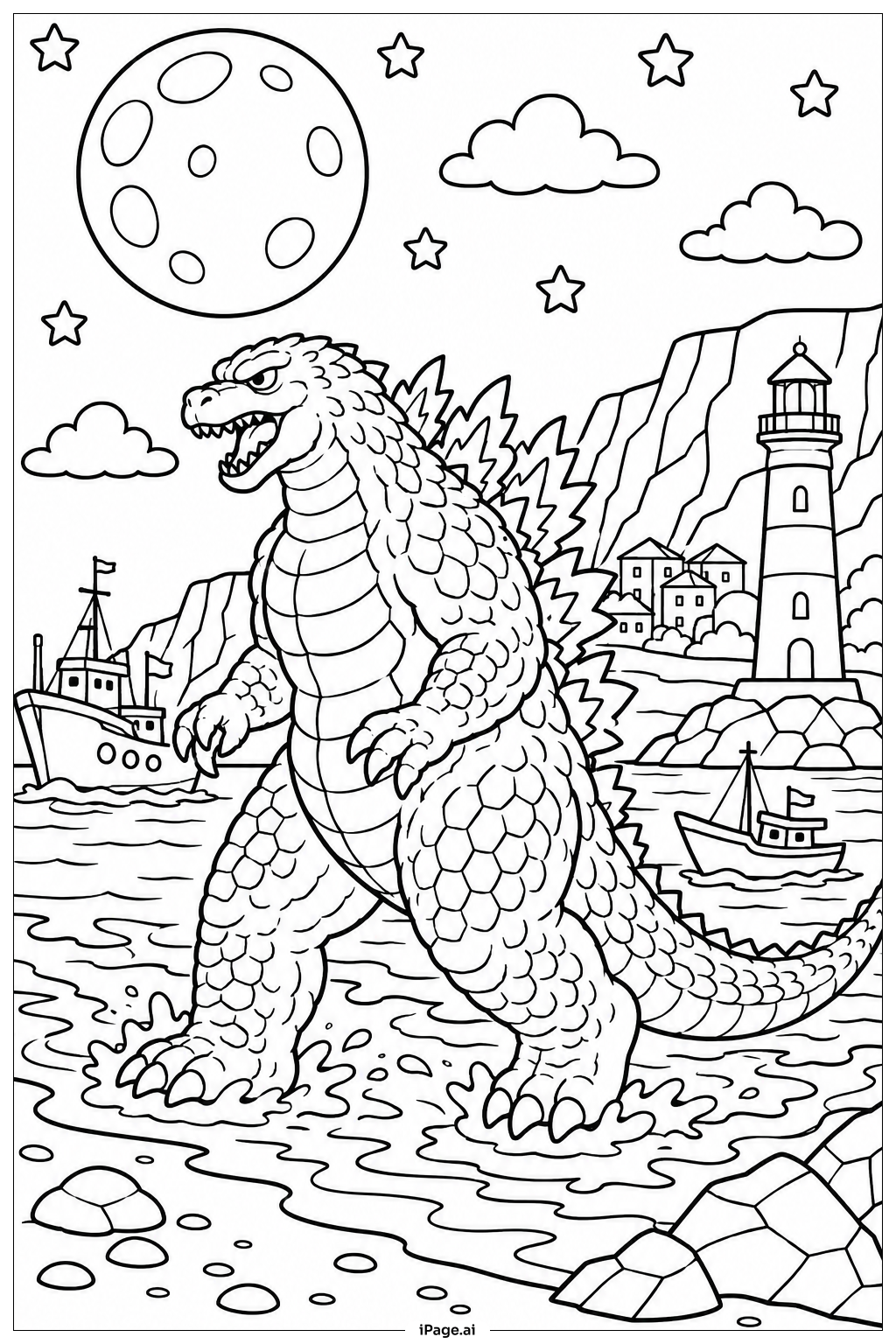  Trang tô màu Godzilla Dưới Bầu Trời Trăng 