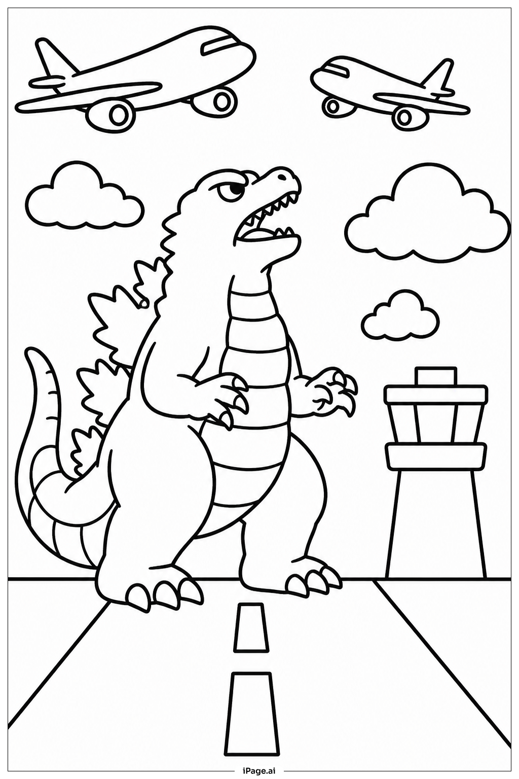  Página para colorear de Godzilla Observando Aviones 