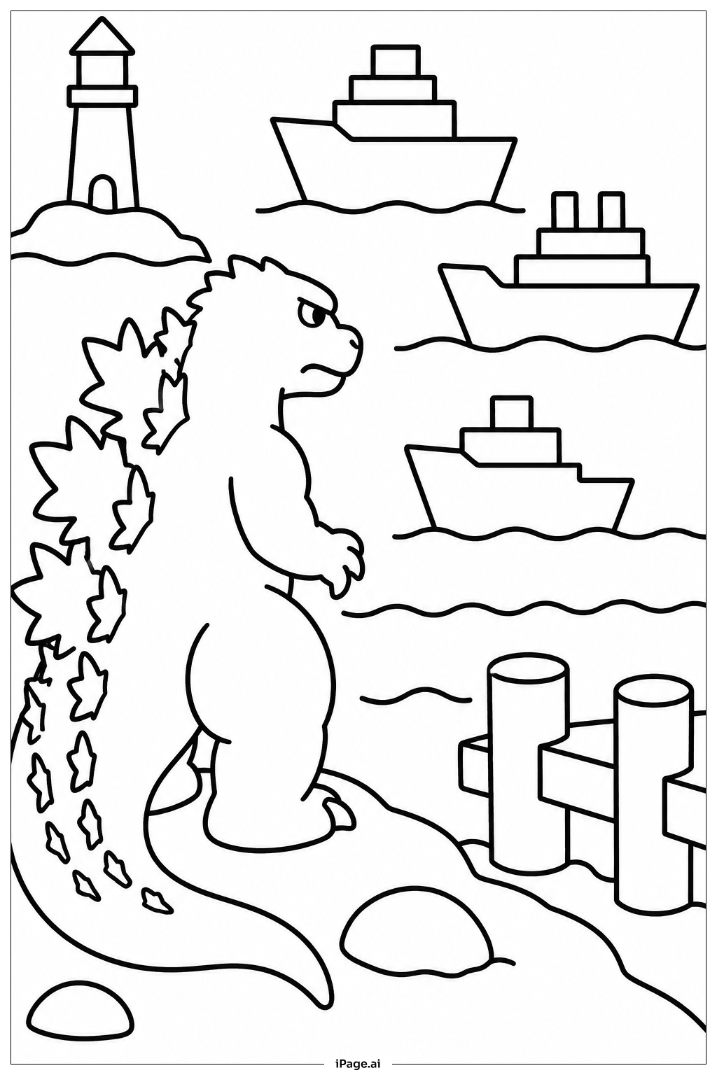  ゴジラ 船を見るの塗り絵ページ 