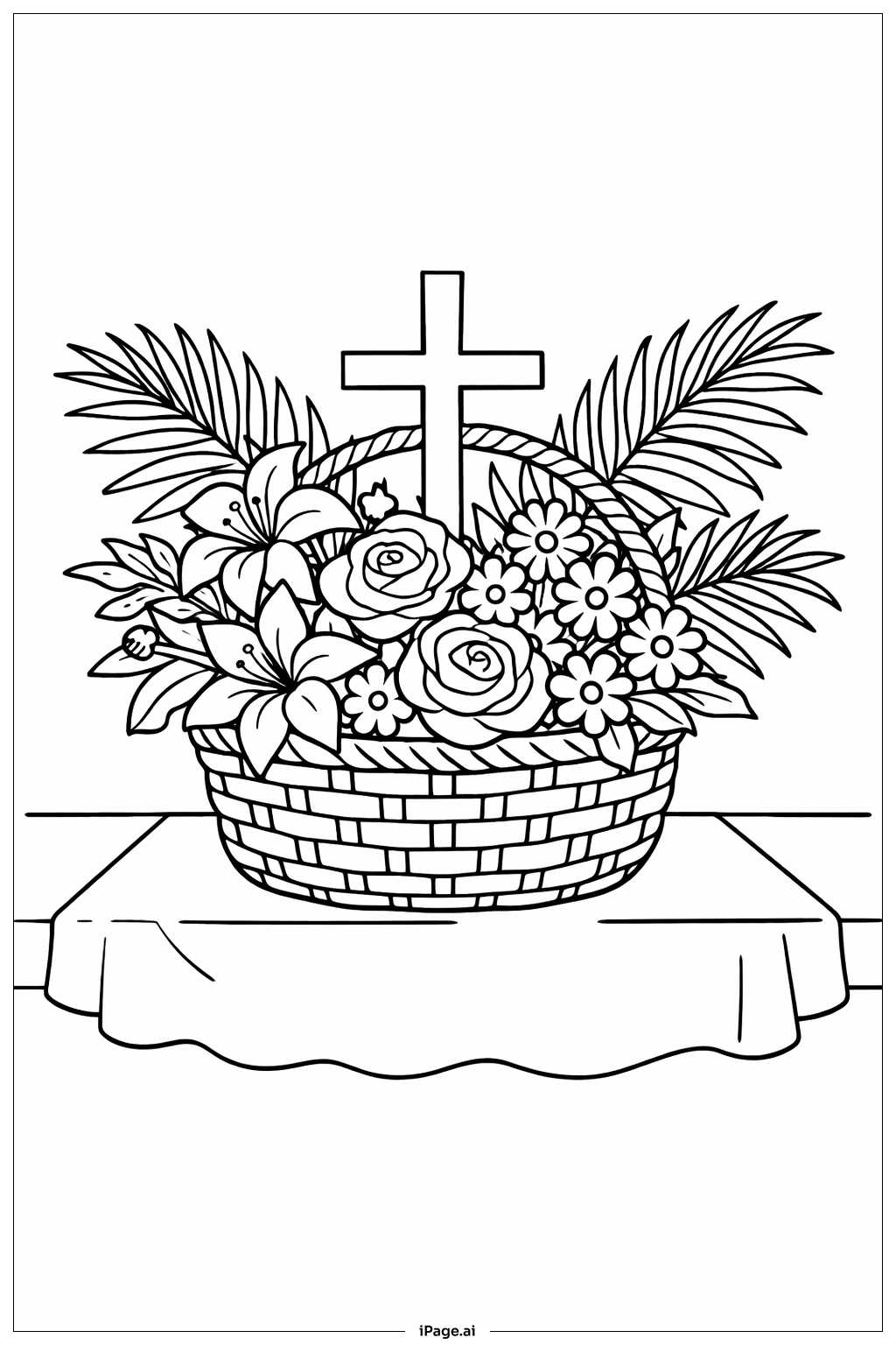  Página para colorear de Cesta de flores y palmas del Viernes Santo 