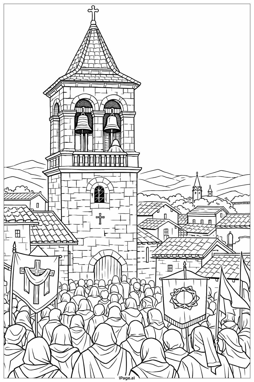  군중과 함께하는 성 금요일 교회 종탑 색칠공부 페이지 
