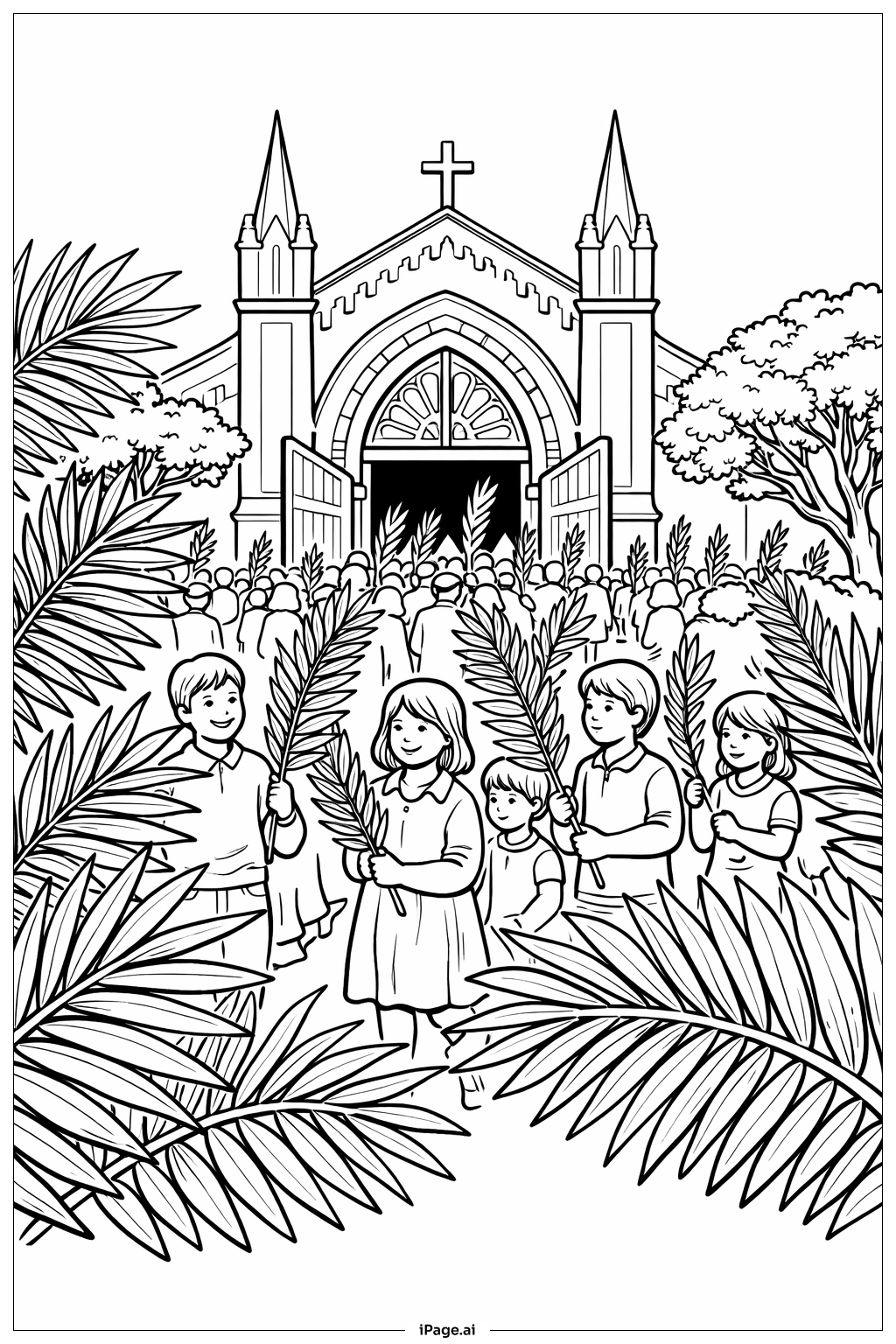  教会の周りの聖金曜日のヤシの葉パレードの塗り絵ページ 