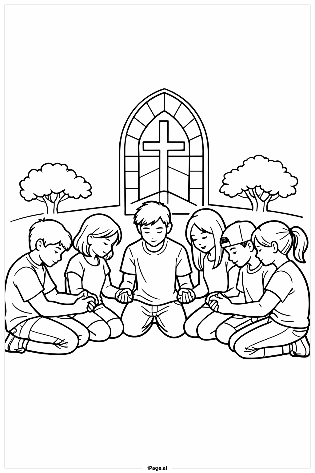 Page de coloriage Groupe de jeunes priant le Vendredi saint