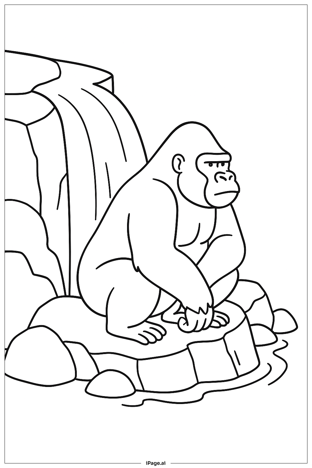  Gorilla am Wasserfall Ausmalseite 
