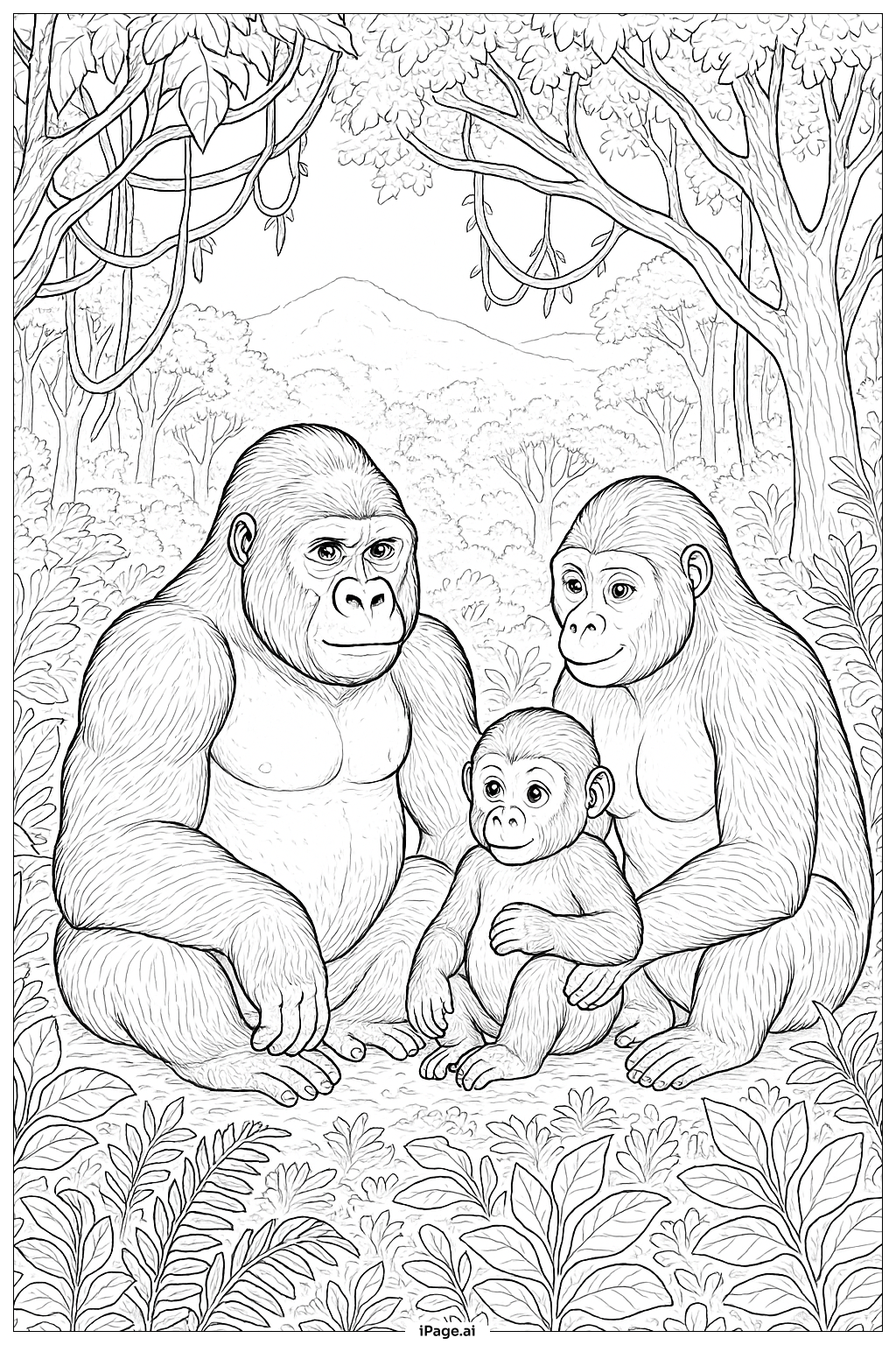  Página para colorear de Familia de Gorilas en la Selva Tropical 