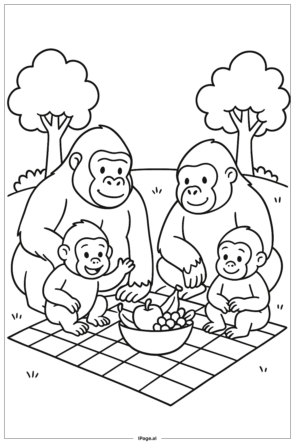 고릴라 가족 소풍 색칠공부 페이지