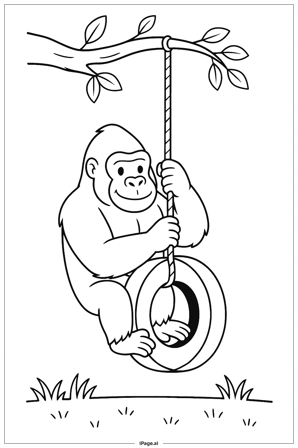  坐在輪胎鞦韆上的大猩猩著色頁 