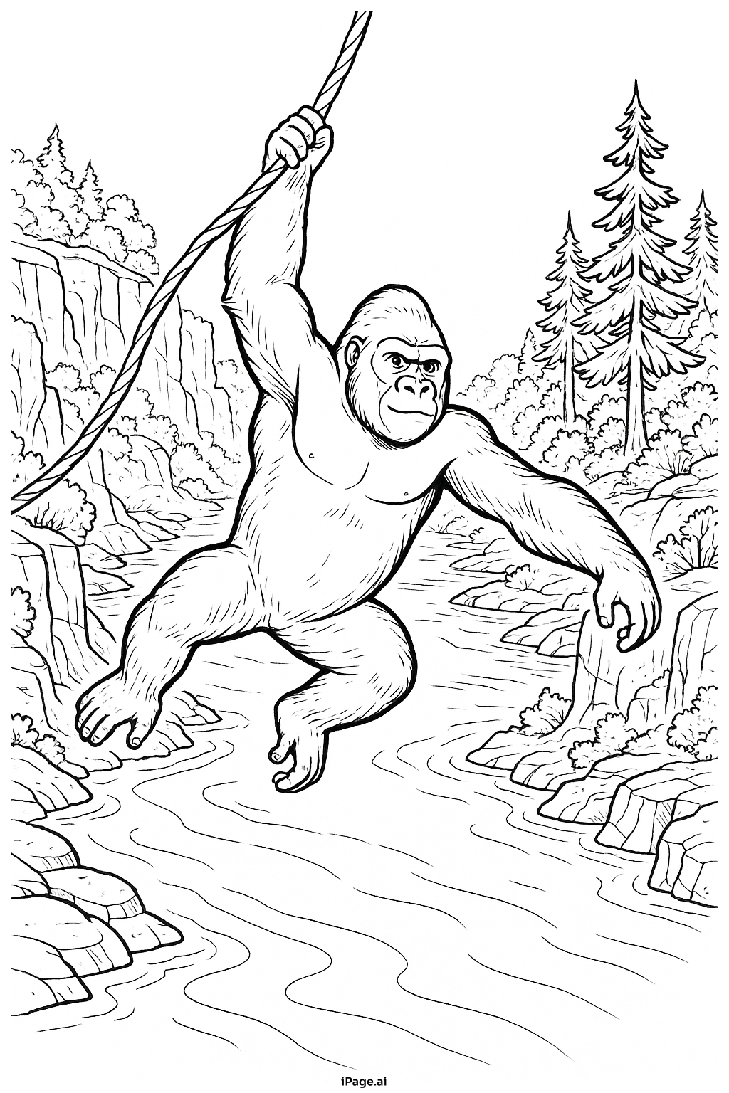  Gorilla schwingt über den Fluss Ausmalseite 