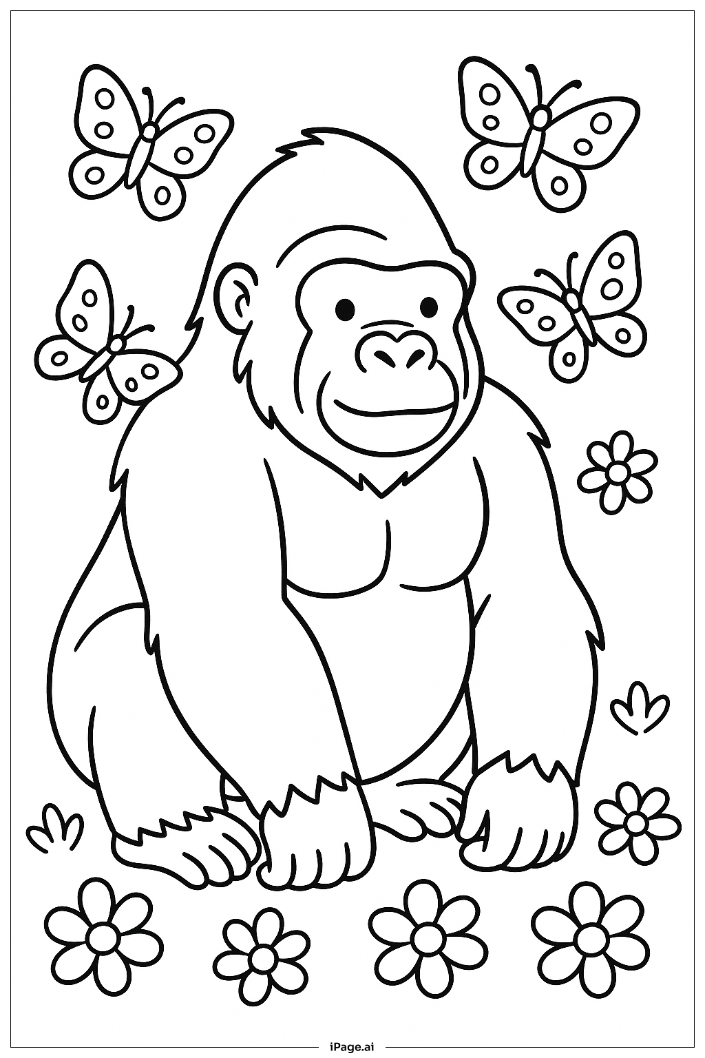  Página para colorir de Gorila com Borboletas 