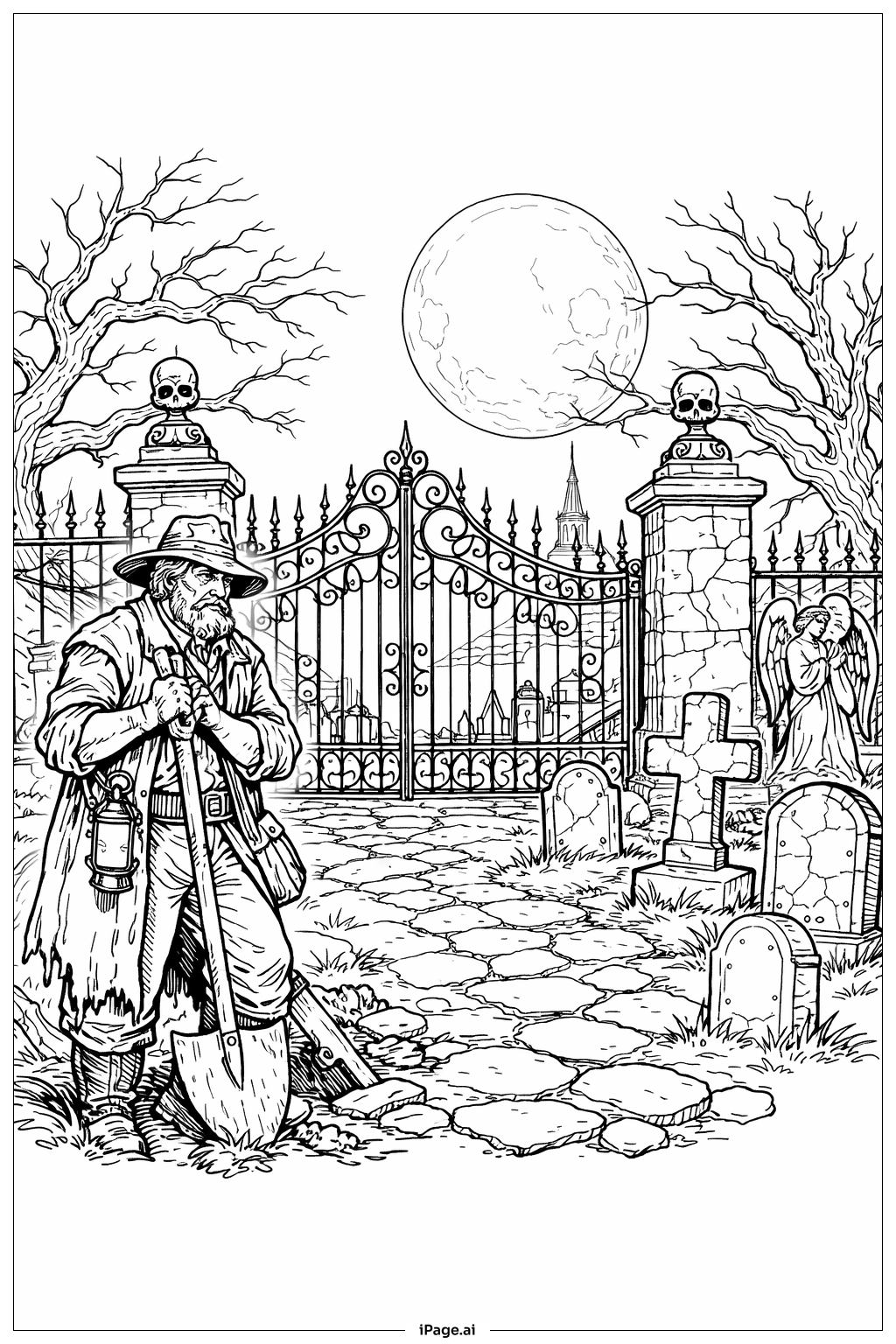  Grave Digger By Moonlit Graveyard Coloring Page 