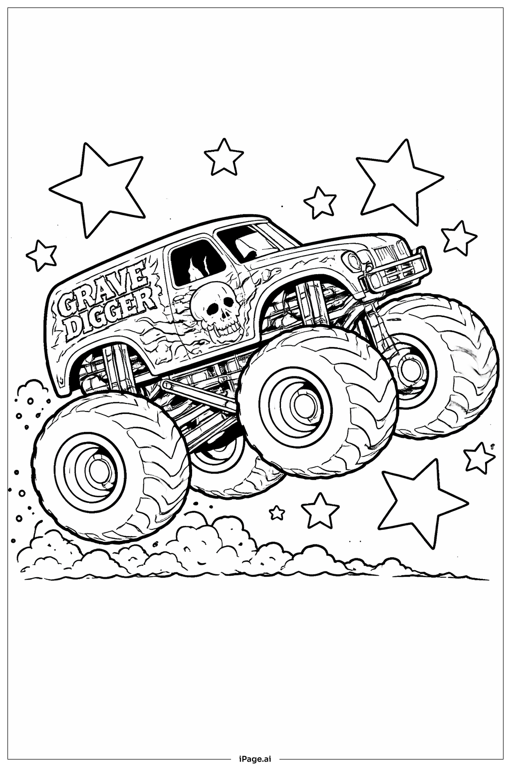  Página para colorir de Caminhão Monstro Grave Digger com Estrelas 